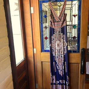 Navy blue with orange, yellow & white maxi dress.